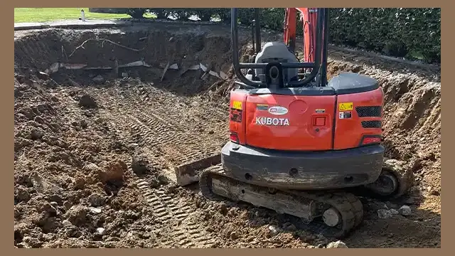 In step four, if you choose partial all the pool structure lies under the pool area, but if you choose full removal (everything was hauled away and you will see a solid soil structure in the area), here we are compacting the area already Step 4 of inground pool demolition