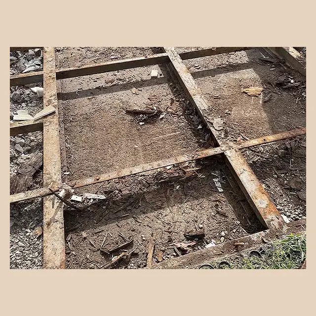 Steel floor frame of the mobile home left after teardown by our team.
